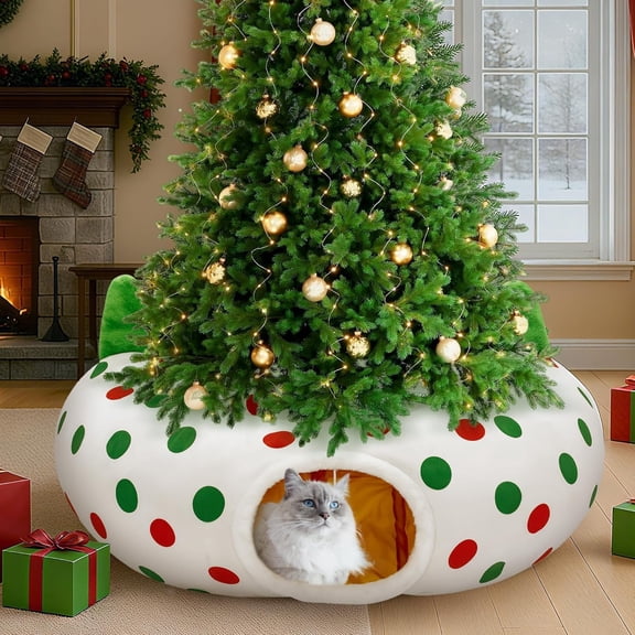 Cat Tunnel Christmas Tree Skirt, 3ft x 3ft x 9.8in Cat Tunnels for Indoor Cats, Red and Green Dot Cat Donut Tunnel with Hanging Ball and Cat Ears, Kitten Toys for Indoor Kittens Puppy Rabbit