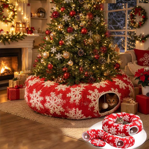 Cat Tunnel Christmas Tree Skirt for 5-7.5Ft Trees, Prevent Christmas Tree Falling, Snowflake Patterns Warm Soft Cat Tube Bed with Anti-Slip Mat, A