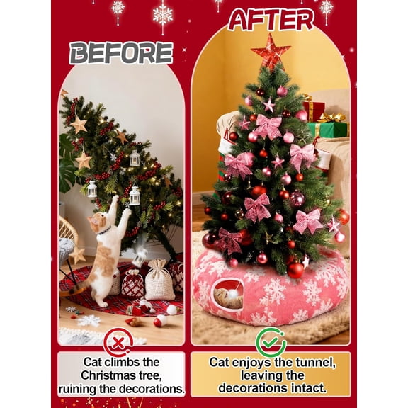 Cat Tunnel Christmas Tree Skirt for 5-7.5ft Trees - Prevent Christmas Tree Falling, Snowflake Patterns Warm Soft Cat Tube Bed with Anti-Slip Mat
