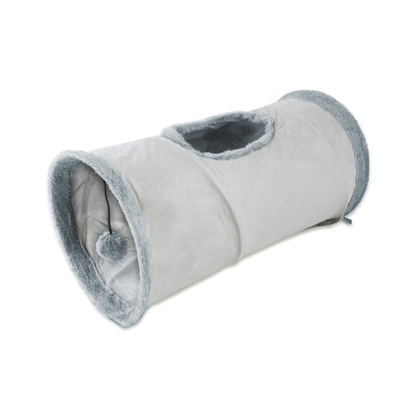 Cat Tunnel, Crinkle Cat Toy, 10*20in, Faux Suede Fabric, Pom Pom Trim, Cat Hideaway, Cat Exercise, Indoor Play, Foldable, 1 Pc, Gray