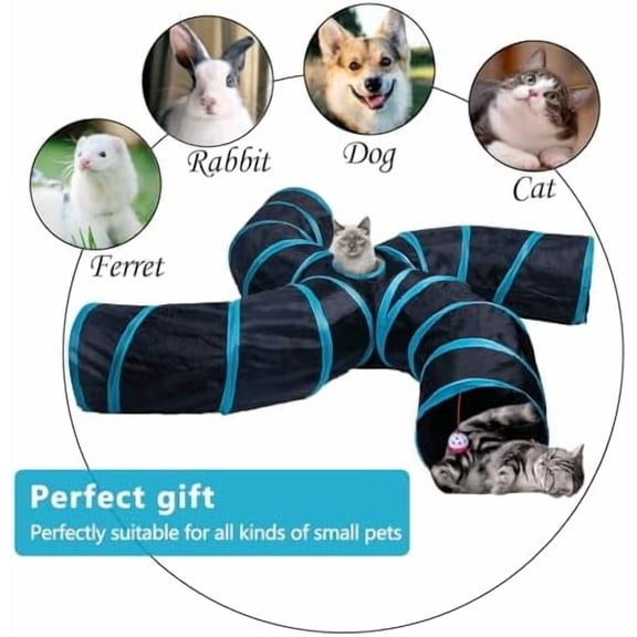 Cat Tunnel for Indoor Cats Large, with Play Ball S-Shape 4 Way Collapsible Interactive Peek Hole Pet Tube Toys, Puppy, Kitty, Kitten, Rabbit (S4 - Black & Blue)