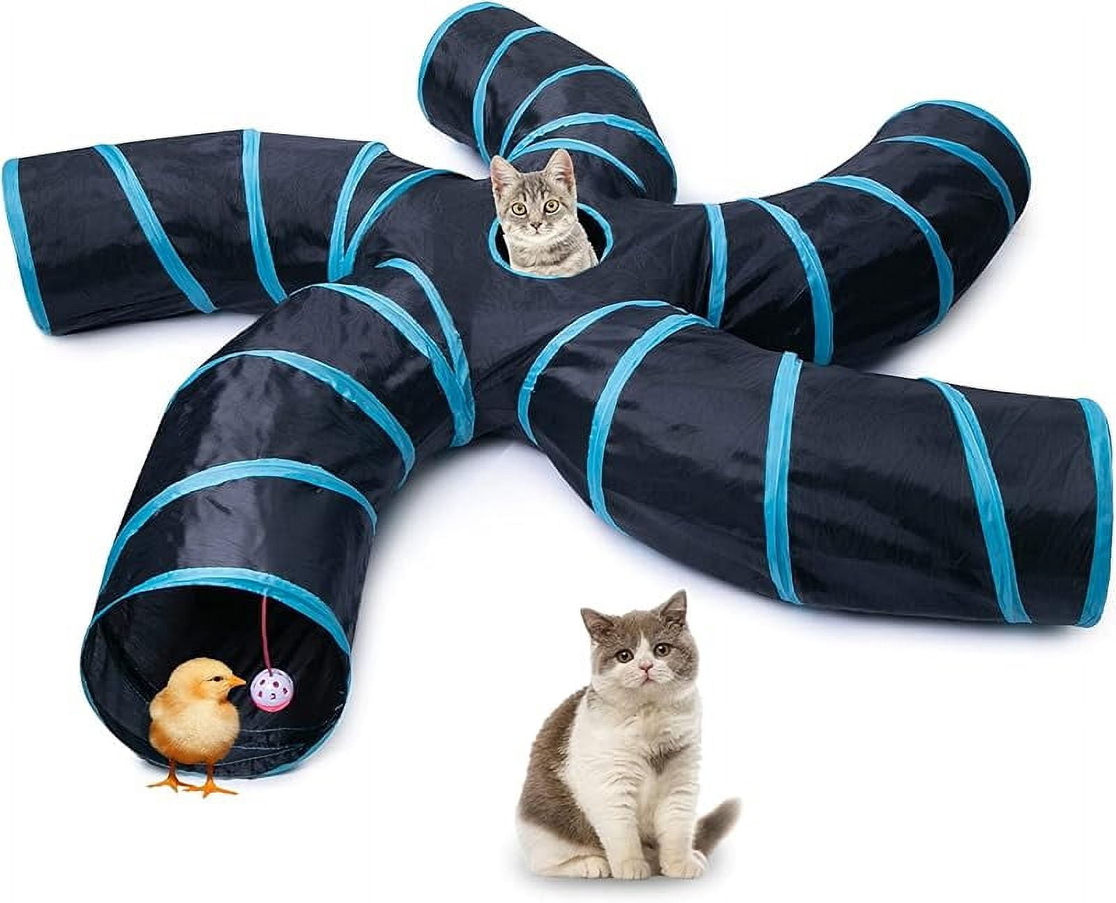 Large Indoor Cat Tunnel with Play Ball – S-Shape 5-Way Collapsible Peek Hole Tube Toy for Cats, Kittens, Puppies, and Rabbits (Blue & Black)