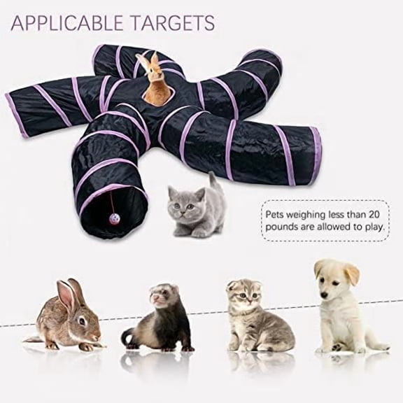 Cat Tunnel for Indoor Cats Large, with Play Ball S-Shape 5 Way Collapsible Interactive Peek Hole Pet Tube Toys, Puppy, Kitty, Kitten, Rabbit (Pink & Black)