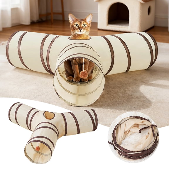 Cat Tunnel Interactive Play Tube with Crinkle Sound and YShape Design for Indoor Use, 65X25 cm, Beige