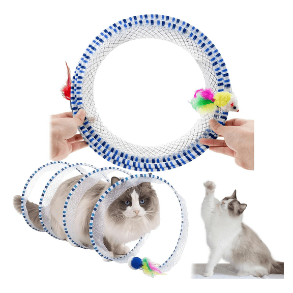 Cat Tunnel Toy, 25.6 inch Collapsible Metal Cat Spring Toy with Nylon Mesh, Feather, Mouse, Interactive Cat Toys for Indoor Cats to Scratch, Puzzle, Relax and Kill Time - (Blue)