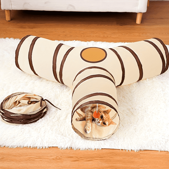 Cat Tunnel Toy Foldable Y-Shape 3-Way Play Tube for Kittens Small Dogs Crinkle Hideaway Activity Center with Hanging Ball Beige