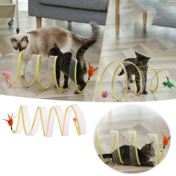 Cat Tunnel Toy S-Shaped Foldable Interactive Channel | Collapsible Cat Play Tunnel with Hanging Mouse & Feathers | Durable Scratch-Resistant Mesh | Multi-Cat Fun | 50x20cm | 1 Pack