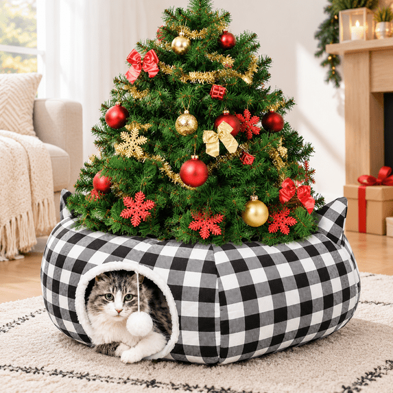 Cat Tunnel Tree Skirt Black White 33.9 Inch Bed Cave - Walmart.com