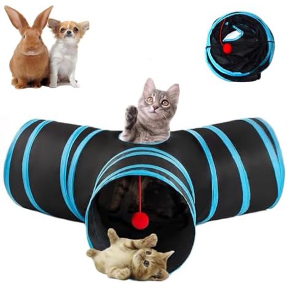 Cat Tunnel Tube Toy Collapsible 3 Way Black Blue, Pet Tunnels for Indoor Cats, Play Tubes with Hanging ball Perfect for Kitten, Puppy, Rabbit, Interactive Toys for Fun Playtime & Exercise