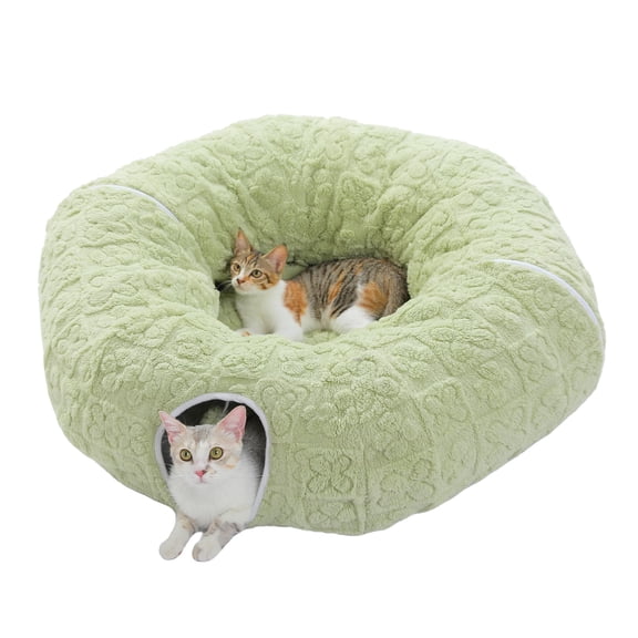Cat Tunnel With Bed For Indoor Cats Play Donut Washable Soft Plush Mat Round Tube Toys Cute Kittens Puppies Rabbits And Ferrets Green