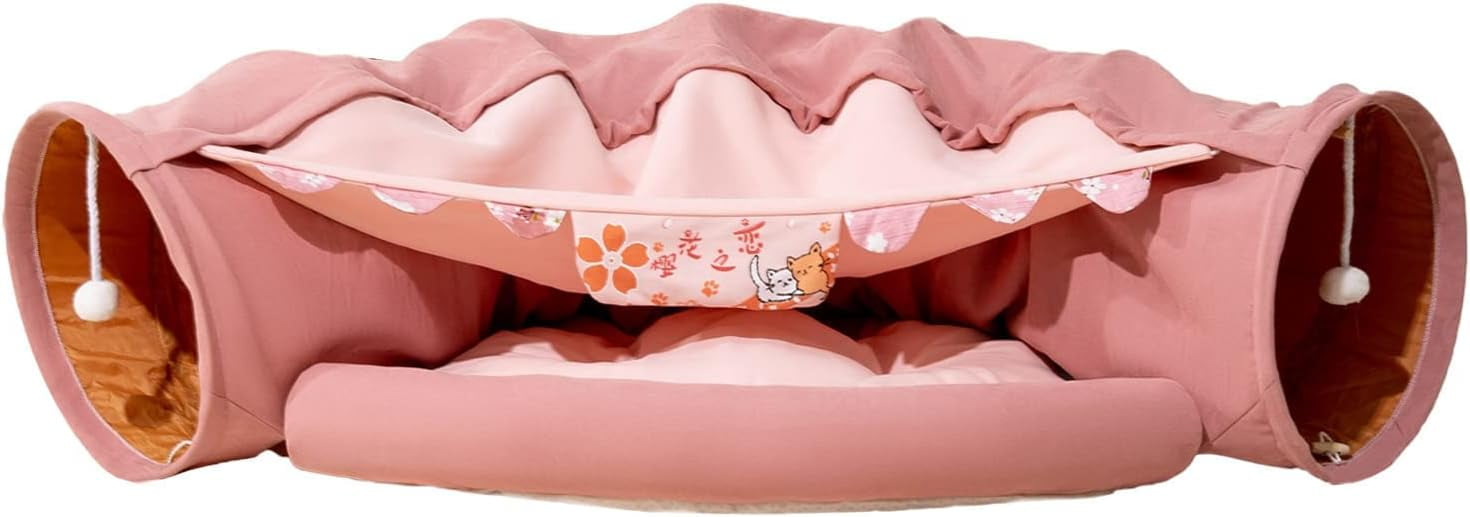 Cat Tunnel for Indoor Cats, Cat Tube with Collapsible Washable Cat Bed,Premium Cat Toy for Small Medium Large Cat.(Sakura)
