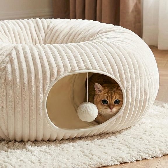 Cat Tunnel with Soft Cushion 2-in-1 Collapsible Hideaway Plush Play Cat Tunnel Bed Beige