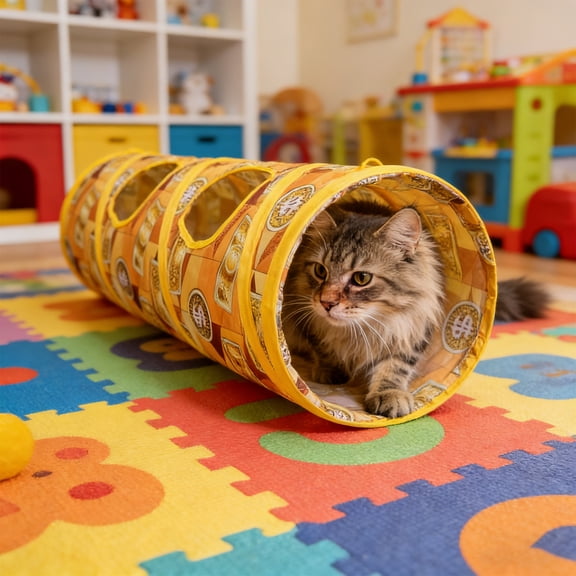 Cat TunnelforLarge Cats Self Play Cat Toys, Dollar Motif HideandSeek Play Tube, Gold Brown Design, 1 Pc Cat Accessories