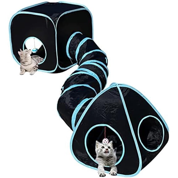 Cat Tunnels for Indoor Cats with Cube Tent Toys Combo, Pop Up Collapsible Crinkle Interactive Peek Hole, Cat Tube with Play Ball and Bell for Kitten, Puppy, Kitty, Rabbit - Set of 3