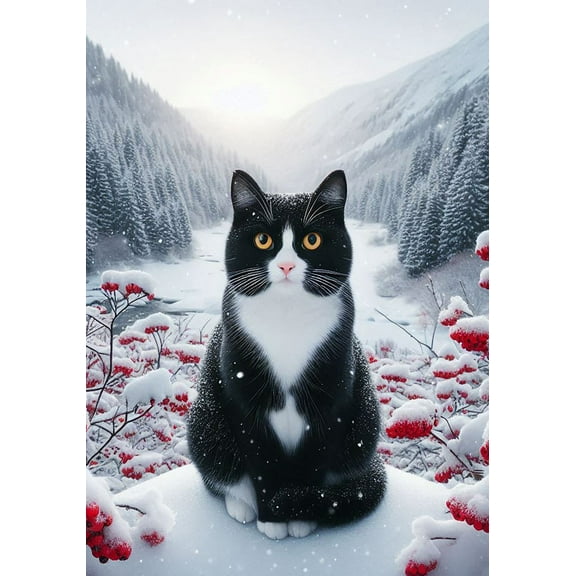 Cat Tuxedo - Best of Breed DCR Winter Berries Garden Flag 12" x 17"