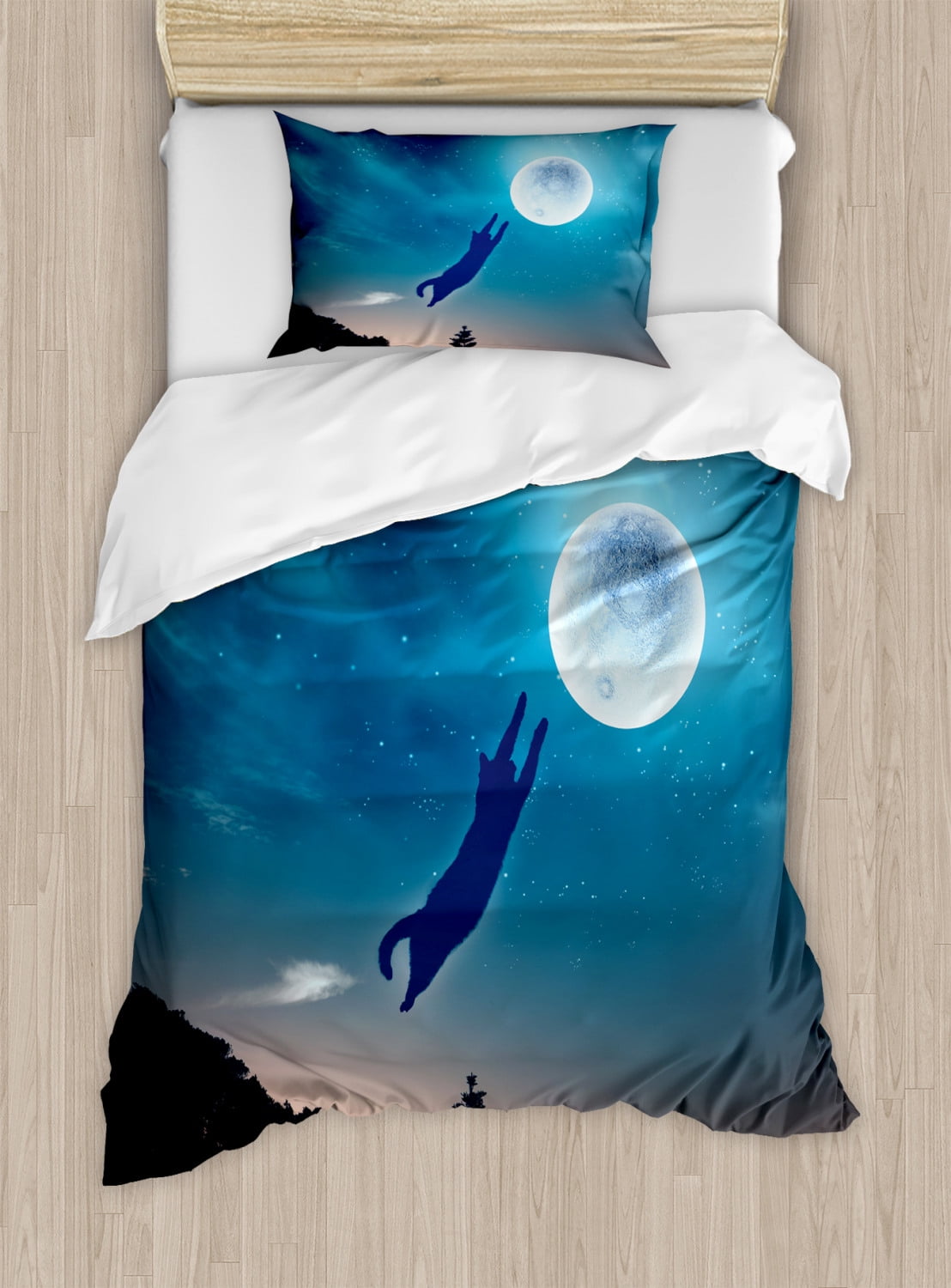Twin Blue Microfiber Cat Fantasy Duvet Cover Set
