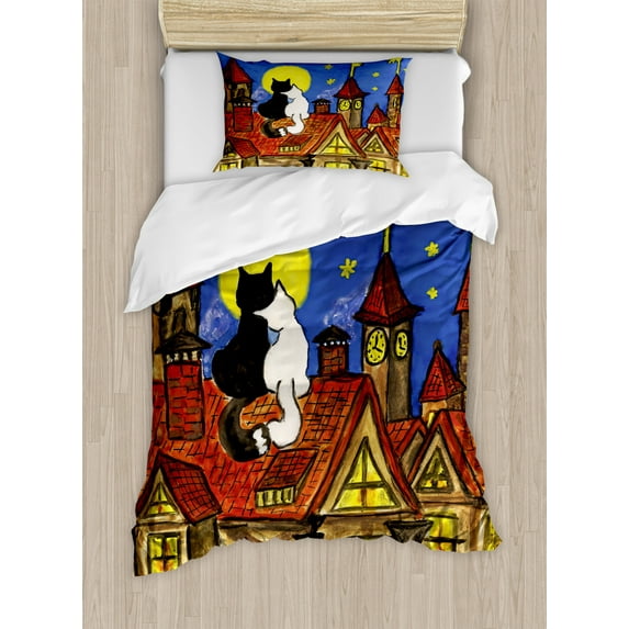 Cat Twin Size Duvet Cover Set, Two Love Cats Sitting on Roof in Old Town and Looking at Starry Sky Night Funk Artprint, Decorative 2 Piece Bedding Set with 1 Pillow Sham, Multi, by Ambesonne