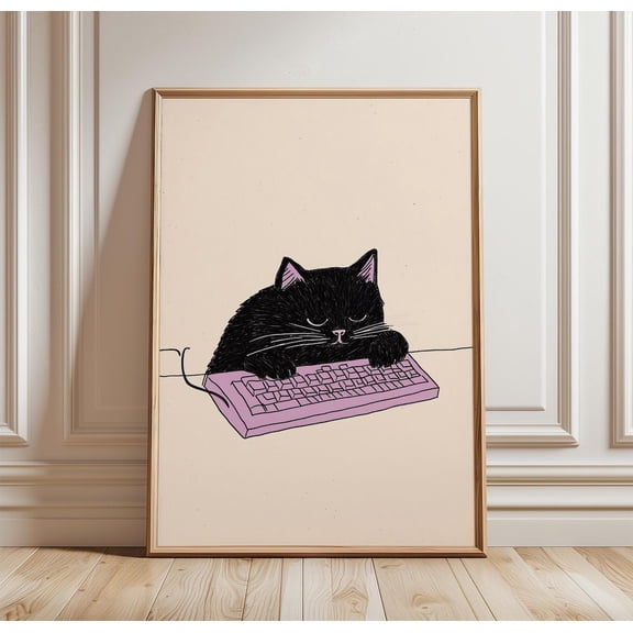 Cat Typing Keyboard Wall Art Print, Unframed Paper Poster 24x36in