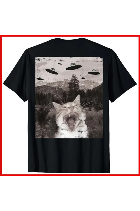 Cat UFO Meme Funny Cat Selfie With Aliens Space Humor Unisex T-Shirt S-5XL
