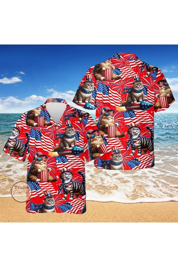 Cat US Flag Hawaiian Shirt, Cat 4th of July Summer Aloha Hawaiian Shirt, Patriotic Button Down Short Sleeve,Independence Day, Cat Lover Gift.