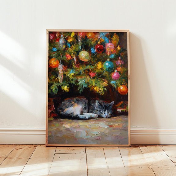 Cat Under Tree, Vintage Winter Wall Art, Festivedecor, Rustic Art Poster, Cozy Scene Poster, Stretched Canvas Size 8x12