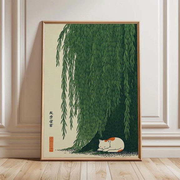 Cat Under Willow Tree Wall Art Print