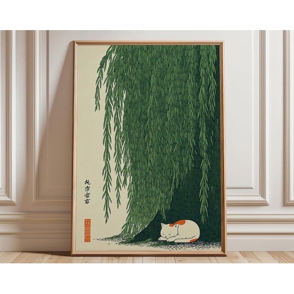 Cat Under Willow Tree Wall Art Print