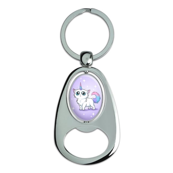 Cat Unicorn Keychain Chrome Metal Spinning Oval Bottle Opener