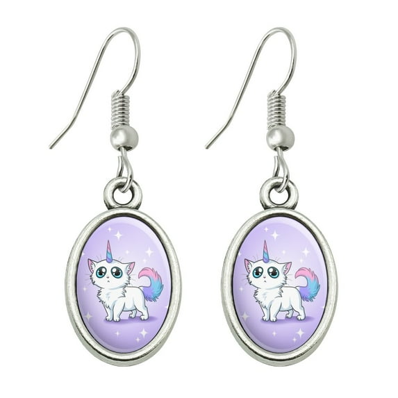 Cat Unicorn Novelty Dangling Drop Oval Charm Earrings
