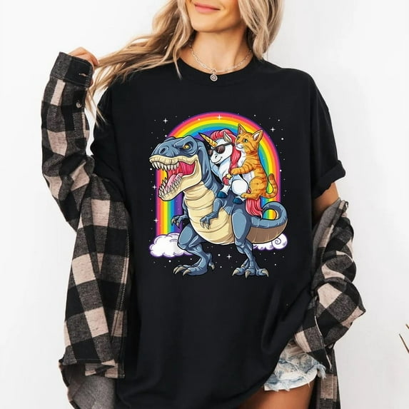 Cat Unicorn Riding Dinosaur T rex Kitten Lover Space Galaxy T-Shirt