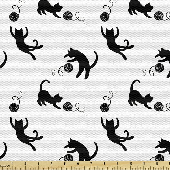 Ambesonne Cat Fabric by the Yard Upholstery, Chasing After Yarn Balls, 10 Yards, Black White