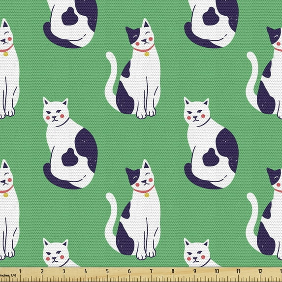 Cat Upholstery Fabric by the Yard, Kittens in Various Poses Funny Character Pets Feline Paws and Whiskers, Decorative Fabric for DIY and Home Accents, Green Indigo and White by Ambesonne