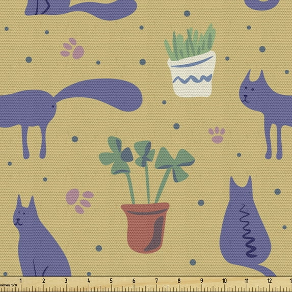Ambesonne Cat Fabric by the Yard Upholstery, Meow Themed Plants Cozy Home, 2 Yards, Blue Violet Khaki