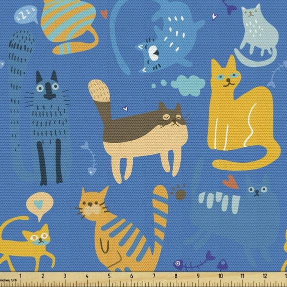 Ambesonne Cat Fabric by the Yard Upholstery, Whimsical Kitten Doodle Items, 10 Yards, Sea Blue and Multicolor