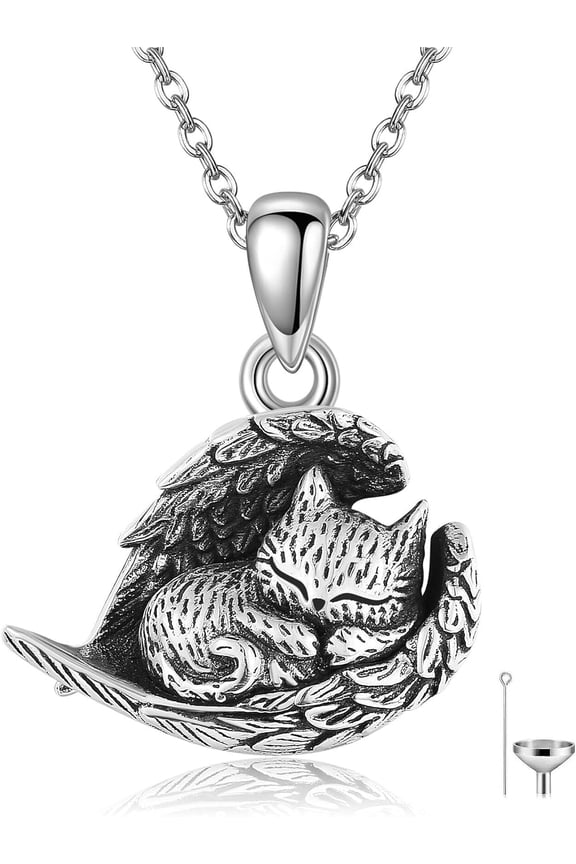 Cat Urn Necklace for Ashes 925 Sterling Silver Angel Wing Keepsake Cremation Necklace Cat Jewelry Gifts for Women