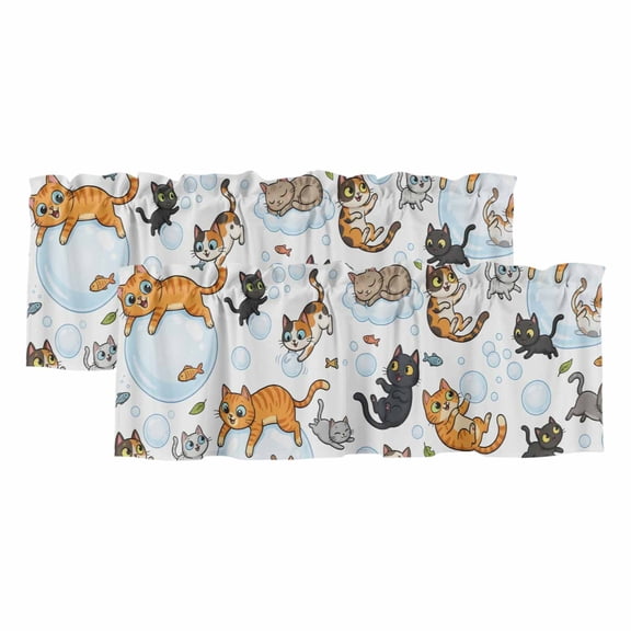 Cat Valances for Windows, Decorative Rod Pocket Window Valance Curtains, Funny Cute Fish Leaves Bubble Short Curtain Drapes for Kitchen/Bathroom/Living Room, 2 Panels, 42" W x 12" L
