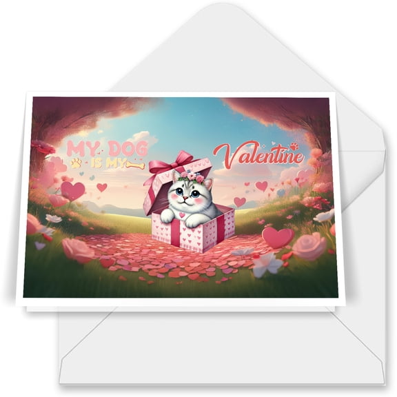 My Cat is My Valentine Cute British Shorthair in Gift Box 7x5in Folded Greeting Card Cat Lover Kitten Owner Gifts Single Note Card with Envelope - 3006