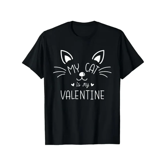 My Cat Is My Valentine Funny T-Shirt - Black Shirt with White Cat Face Graphic & Text - Soft Breathable Cotton Tee for Cat Lovers - Valentine's Day Gift for Men & Women - Sizes
