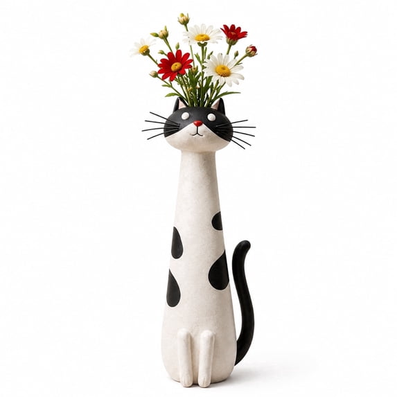 Cat Vase for Flowers, Quirky Handcrafted Kitty Planter, Whimsical Small Bloom Vase, Boho Desk Shelf Decor, Unique Gift for Cat Lovers (White)