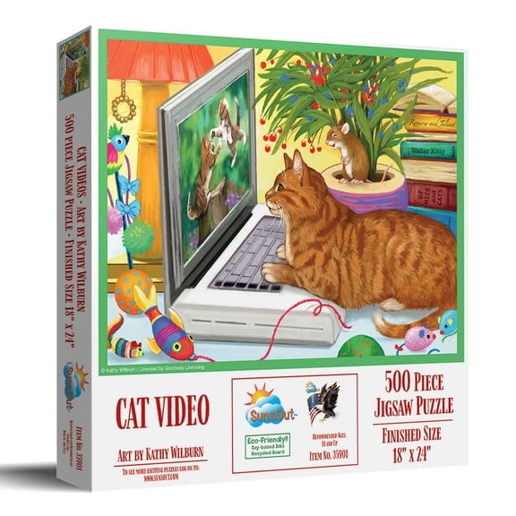 SunsOut Cat Videos 500 Piece Jigsaw Puzzle for Adults - Finished Size: 18" x 24" by Artist: Kathy Wilburn