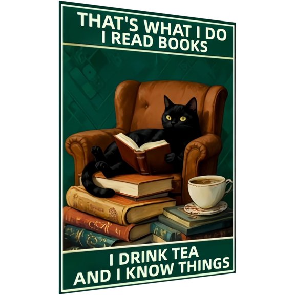 Cat Vintage Metal Sign - Funny Reading Cat and Coffee Design, Home Decor for Home, Office, Cafe, Bar or Garden Decoration, 8x12 Inch.