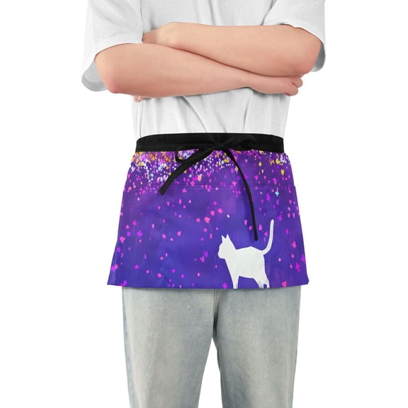 Cat Walking on Purple Grassland Short Server Apron with 3 Pockets for Unisex Chef Gardening