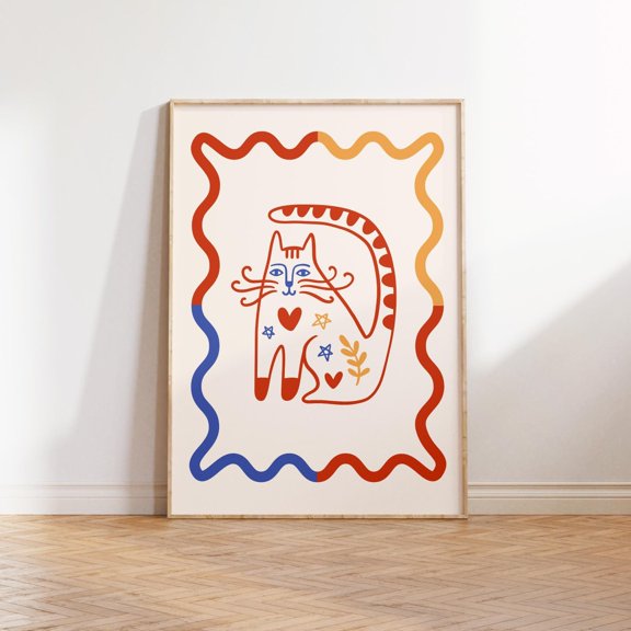 Cat Wall Art Abstract Cat Poster Trendy Retro Feline Modern Wall Art, Unframed Paper Poster 24x36in