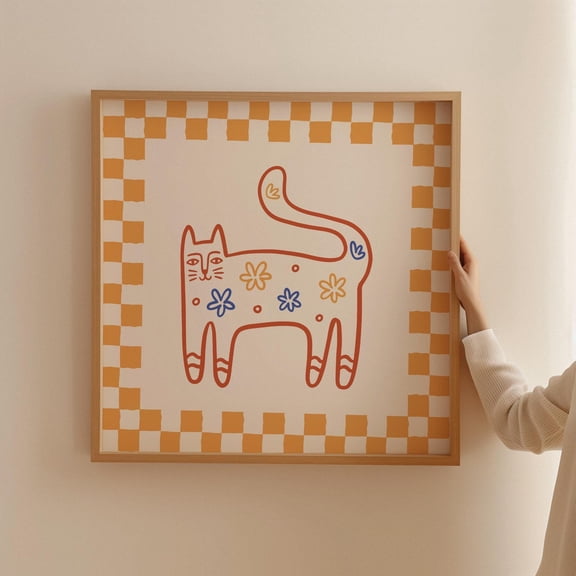 Cat Wall Art Abstract Cute Cat Poster Trendy Retro Print Cat Lover Wall Art Cat Illustration Poser Printable Art 1 Print Wall Art, Modern Wall Decor, 16x16 UNFRAMED