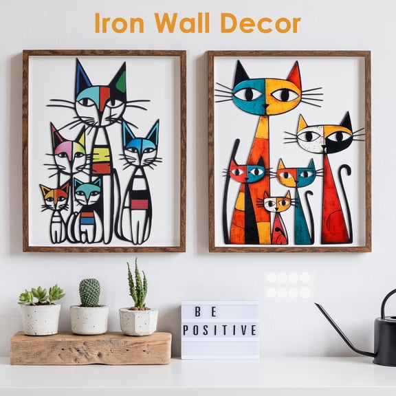 Cat Wall Art Decor Iron Wall Sculptures Decor for Cats Lover 10.6 x 15.7 Inches Colorful Mid Century Cat Retro Signs for Home Living Room Bedroom Kitchen Office