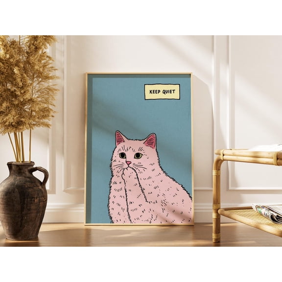 Cat Wall Art Funky Quirky Keep Quiet Illustration Bathroom Decor Home Modern Unframed Paper Print