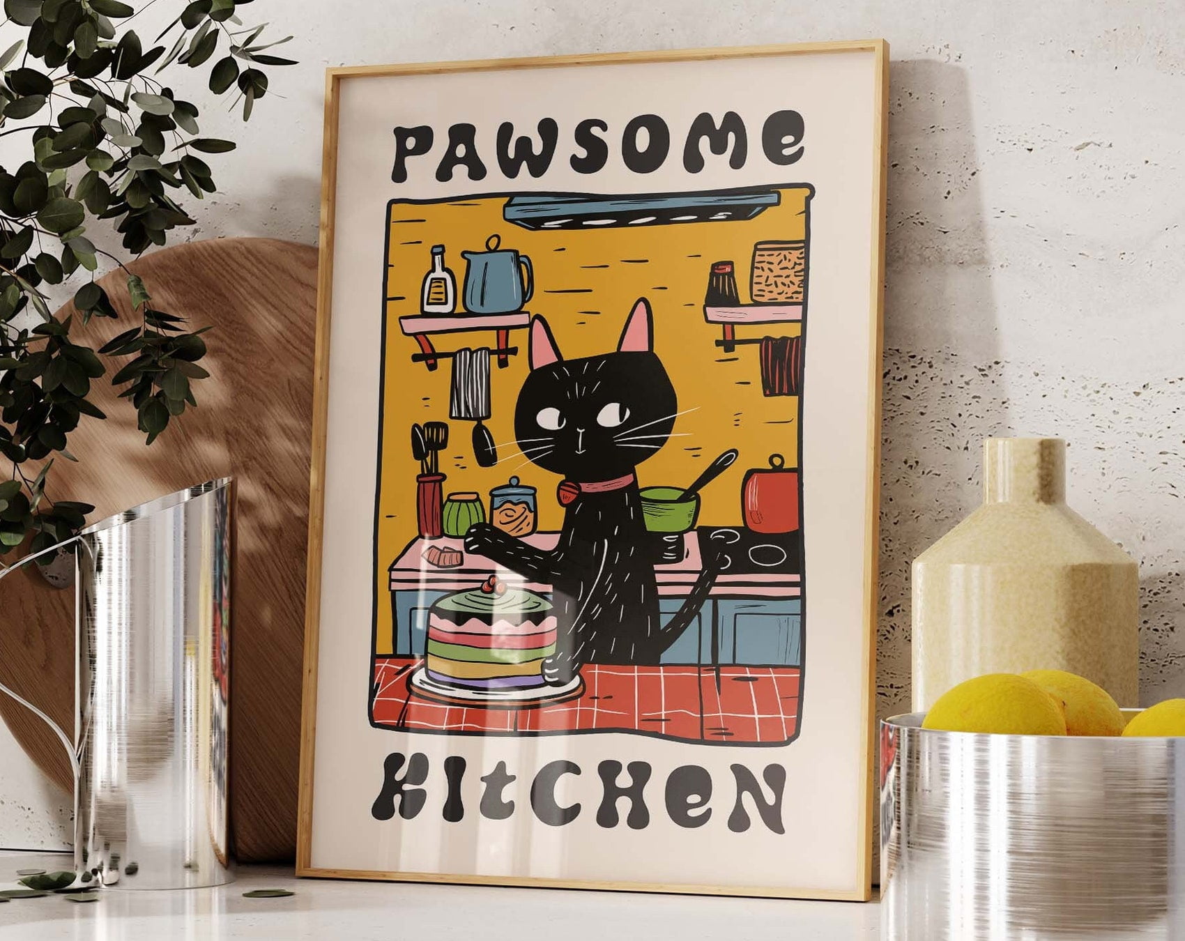 black cat chef art print: boho kitchen cooking poster... Cat Wall Art, Kitchen Wall Art, Black Cat Chef Art, Cat Print, Retro ...