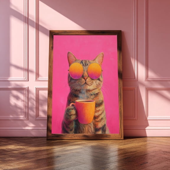 Cat Wall Art Print with Coffee, Pop Art Colorful Animal Illustration, Funky Cat Home Decor, Bright Kitchen or Coffee Bar Wall Decor Poster Decor, Unframed Poster Size 8x12 F03.1.22l1190