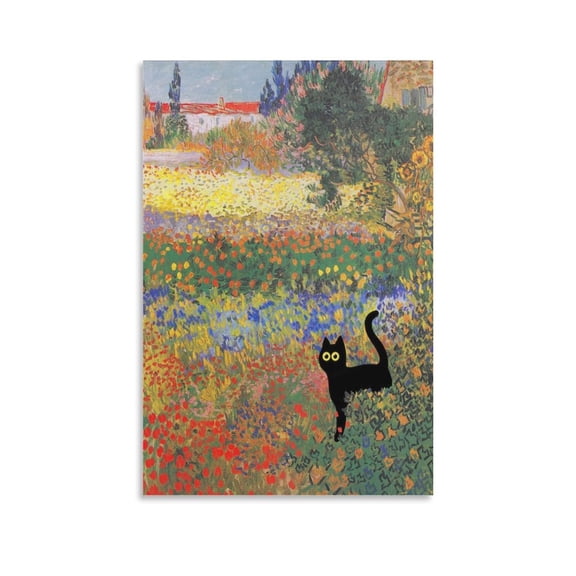 Cat Wall Art Vincent Van Gogh Funny Black Cat Canvas Print - Arles Garden Cats Poster Decorative Painting Canvas Wall Art Living Room Posters Bedroom Painting 12x18inch(30x45cm)