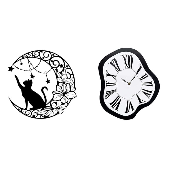 Cat Wall Clock Black Cat Decor Wall Art with Melting Distorted Design for Home Living Room Office Decoration